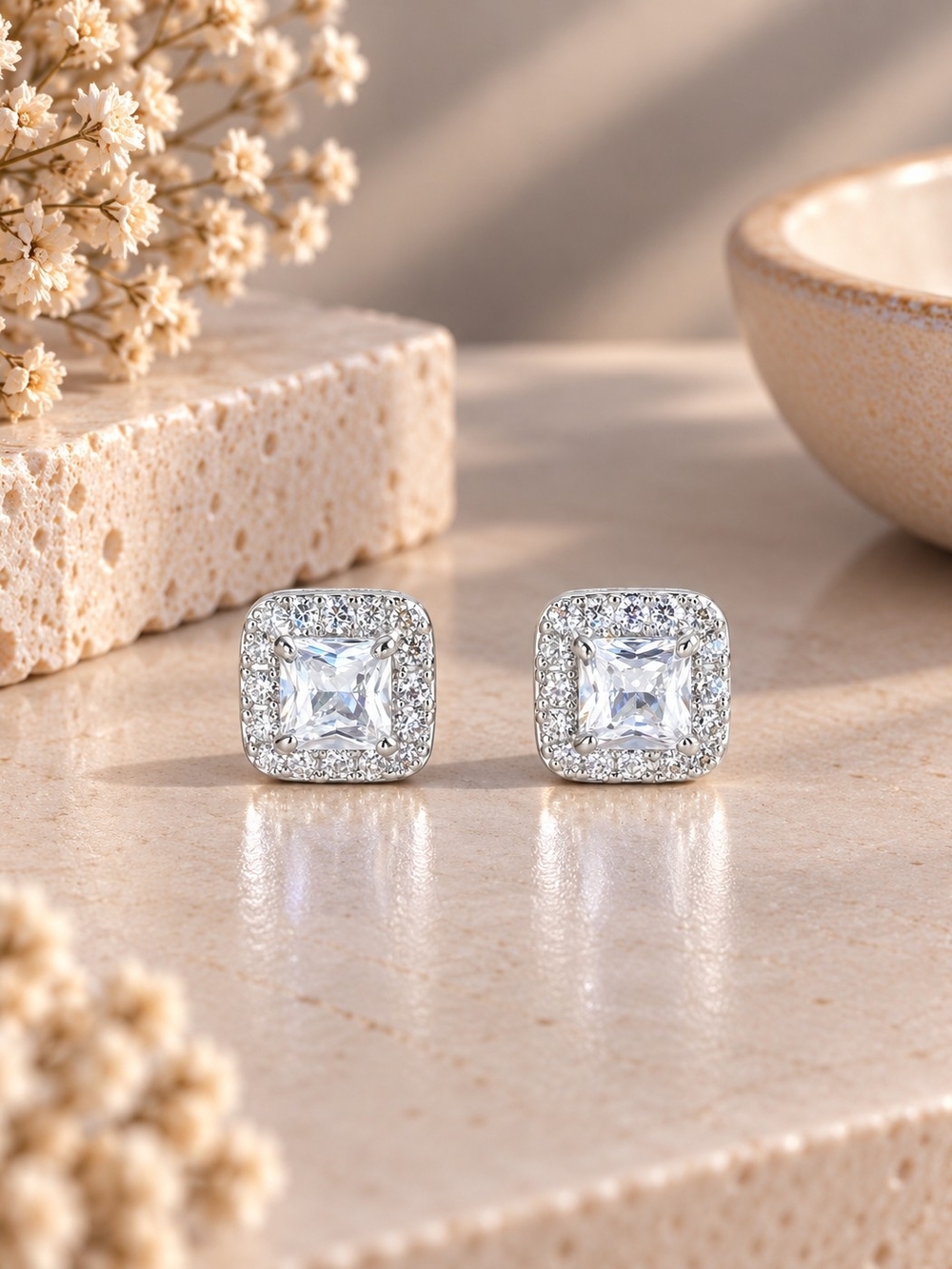 Classic Square Halo Stud Earrings in Silver with Clear Stones